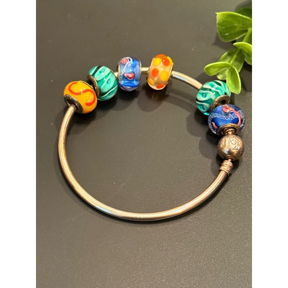 Pandora Sterling Silver Bangle Bracelet with 6 Colorful Glass Charms - Picture 7 of 8
